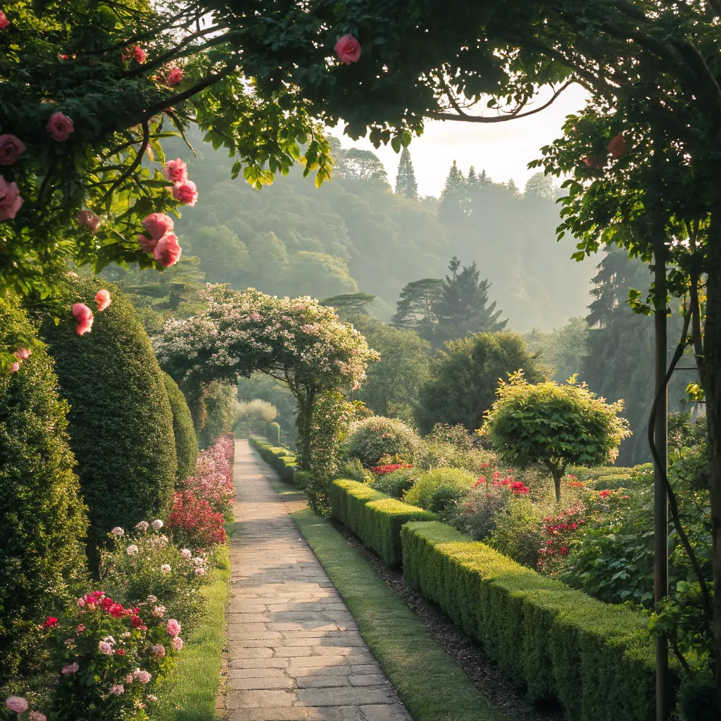 A picturesque view of a lush garden pathway